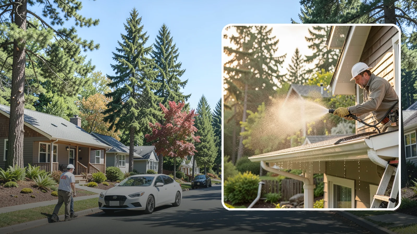 Gutter Streak Removal in Orting, Pierce County, WA - Removal of the dark tiger stripes that streak down gutter faces from years of Northwest rain runoff.