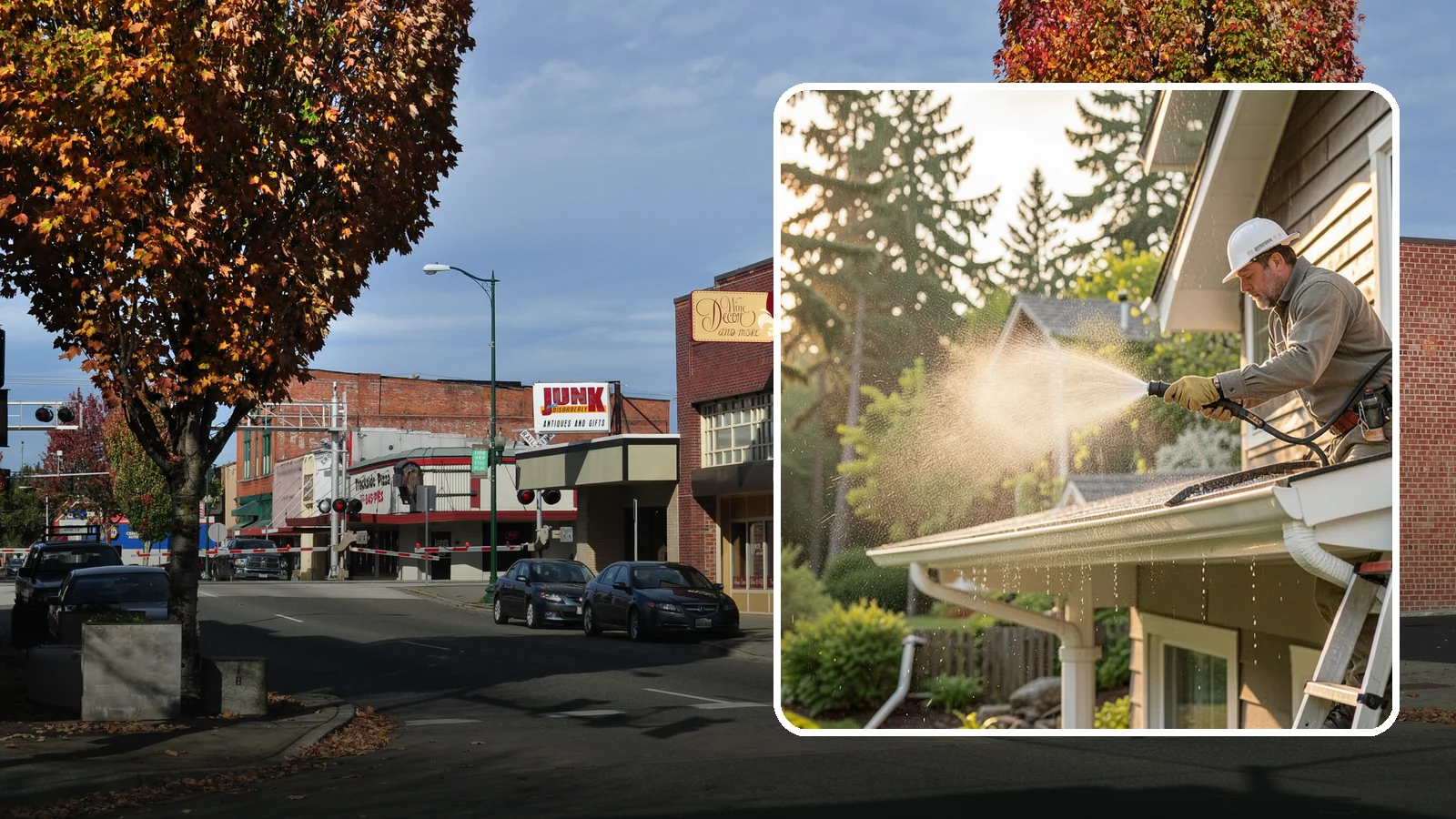 Gutter Streak Removal in Puyallup, Pierce County, WA - Removal of the dark tiger stripes that streak down gutter faces from years of Northwest rain runoff.
