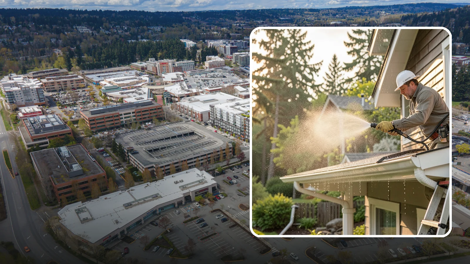 Gutter Streak Removal in Redmond, King County, WA - Removal of the dark tiger stripes that streak down gutter faces from years of Northwest rain runoff.