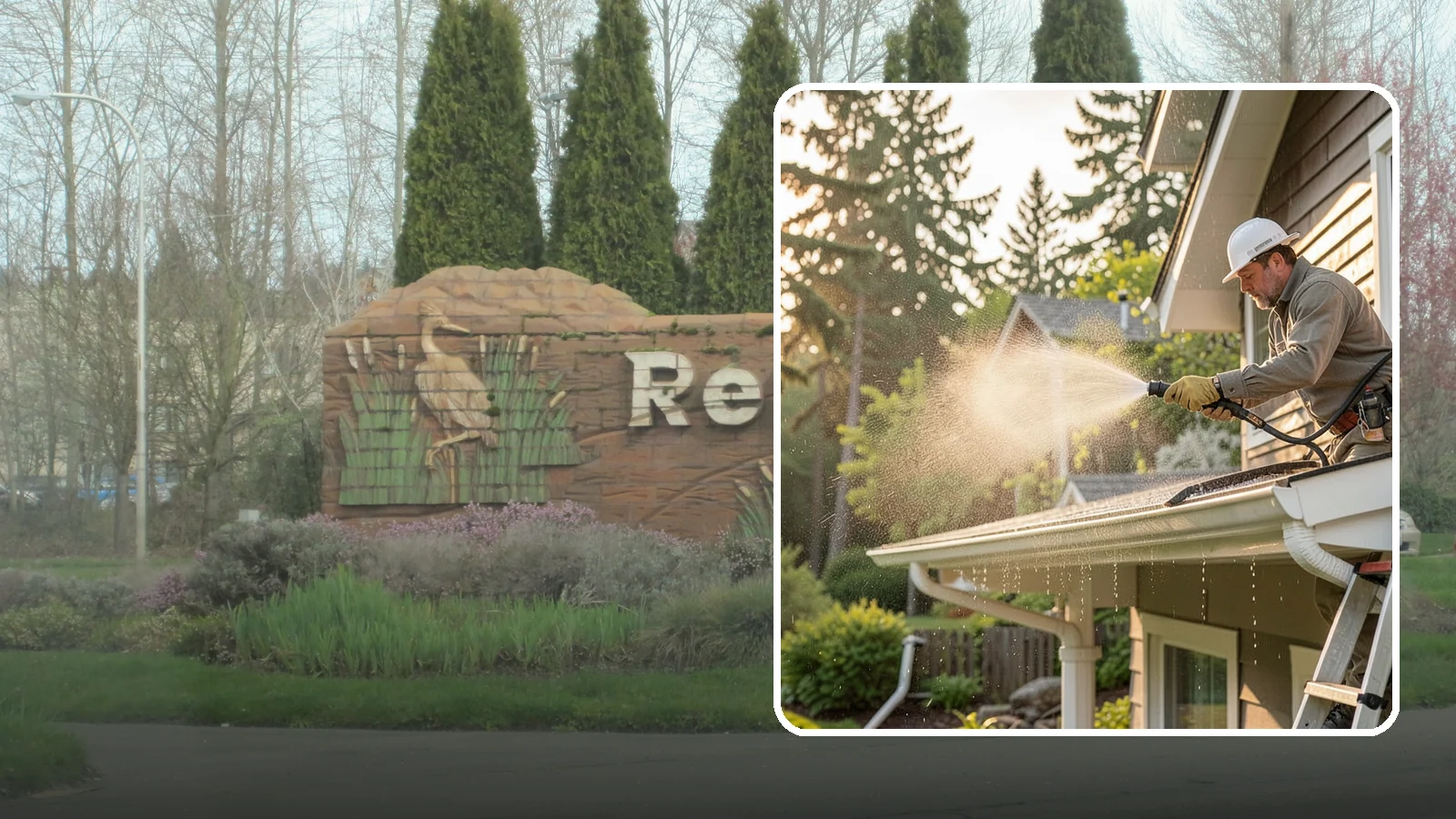 Gutter Streak Removal in Renton, King County, WA - Removal of the dark tiger stripes that streak down gutter faces from years of Northwest rain runoff.
