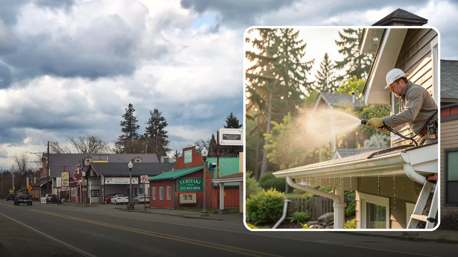 Gutter Streak Removal in Roy, Pierce County, WA - Removal of the dark tiger stripes that streak down gutter faces from years of Northwest rain runoff.