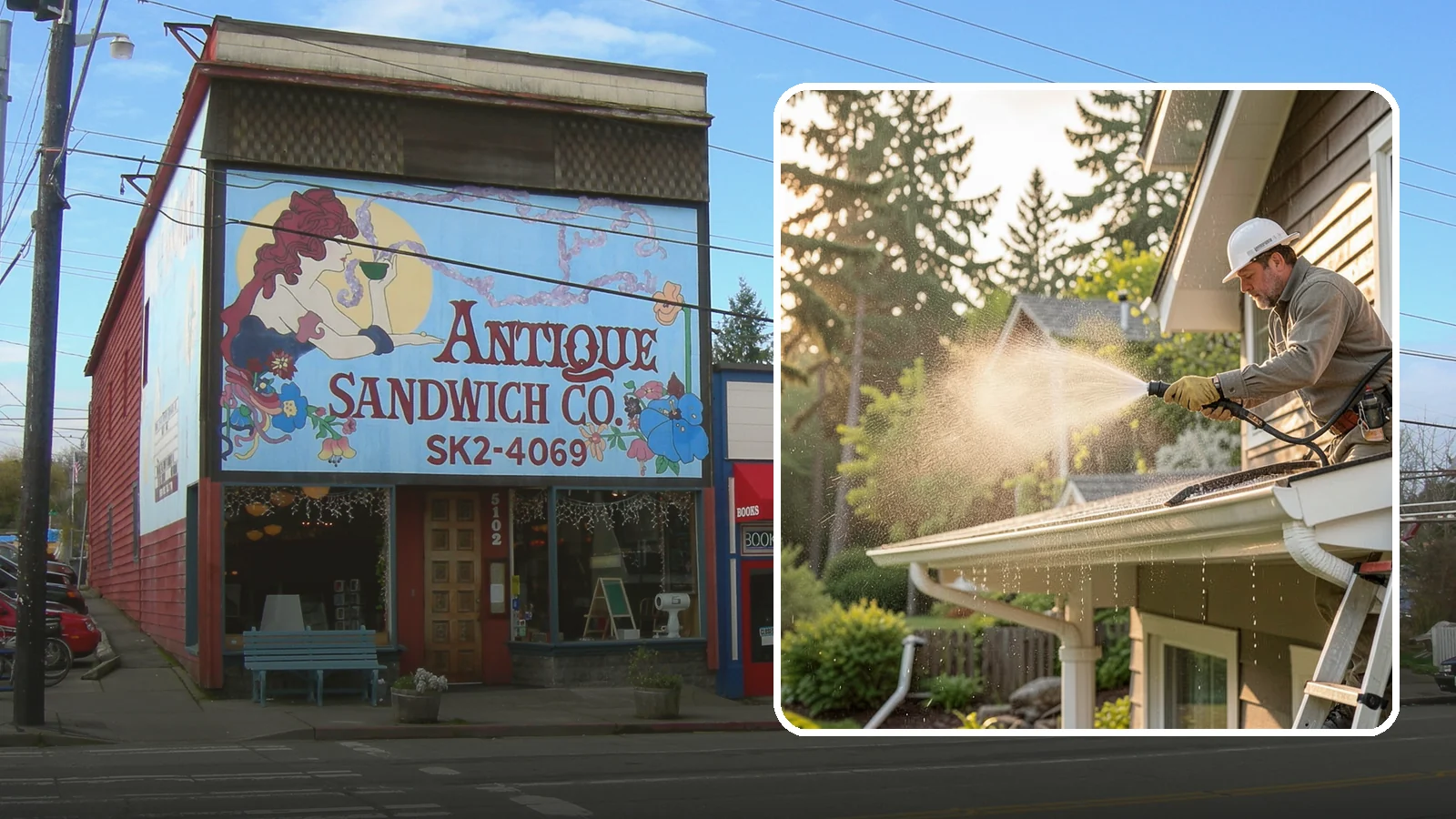 Gutter Streak Removal in Ruston, Pierce County, WA - Removal of the dark tiger stripes that streak down gutter faces from years of Northwest rain runoff.