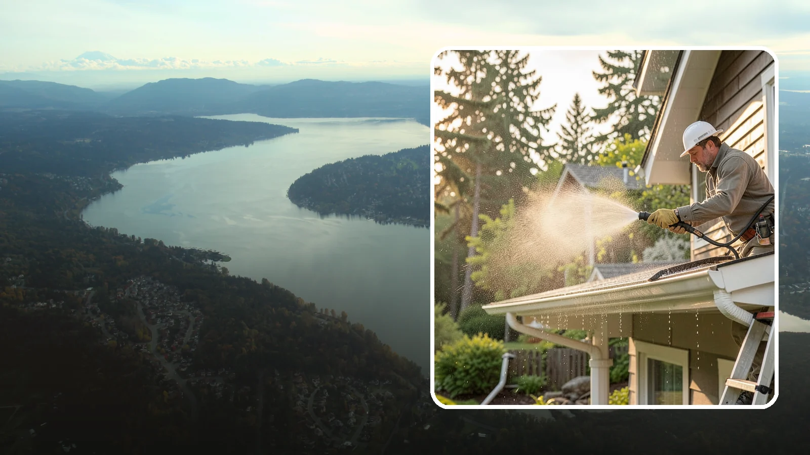 Gutter Streak Removal in Sammamish, King County, WA - Removal of the dark tiger stripes that streak down gutter faces from years of Northwest rain runoff.