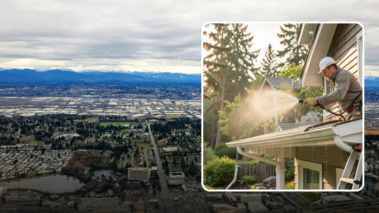 Gutter Streak Removal in SeaTac, King County, WA - Removal of the dark tiger stripes that streak down gutter faces from years of Northwest rain runoff.