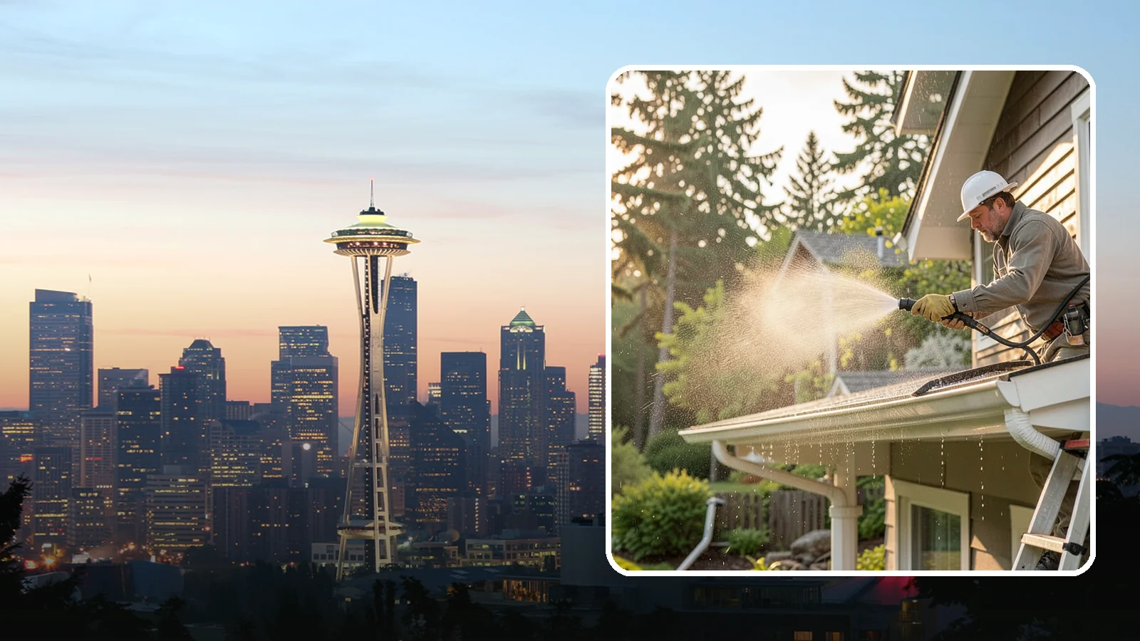 Gutter Streak Removal in Seattle, King County, WA - Removal of the dark tiger stripes that streak down gutter faces from years of Northwest rain runoff.