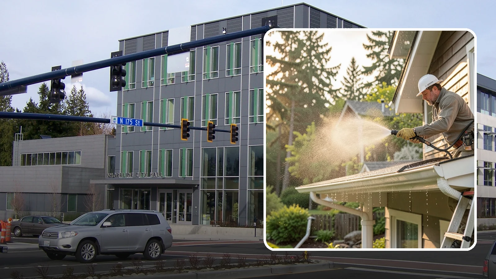 Gutter Streak Removal in Shoreline, King County, WA - Removal of the dark tiger stripes that streak down gutter faces from years of Northwest rain runoff.