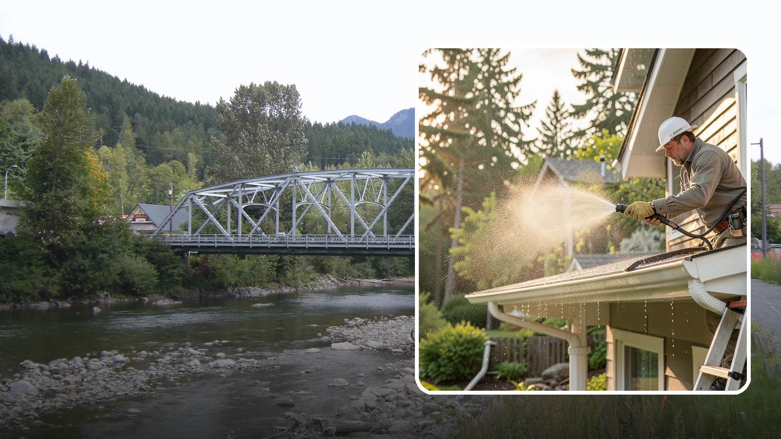 Gutter Streak Removal in Skykomish, King County, WA - Removal of the dark tiger stripes that streak down gutter faces from years of Northwest rain runoff.