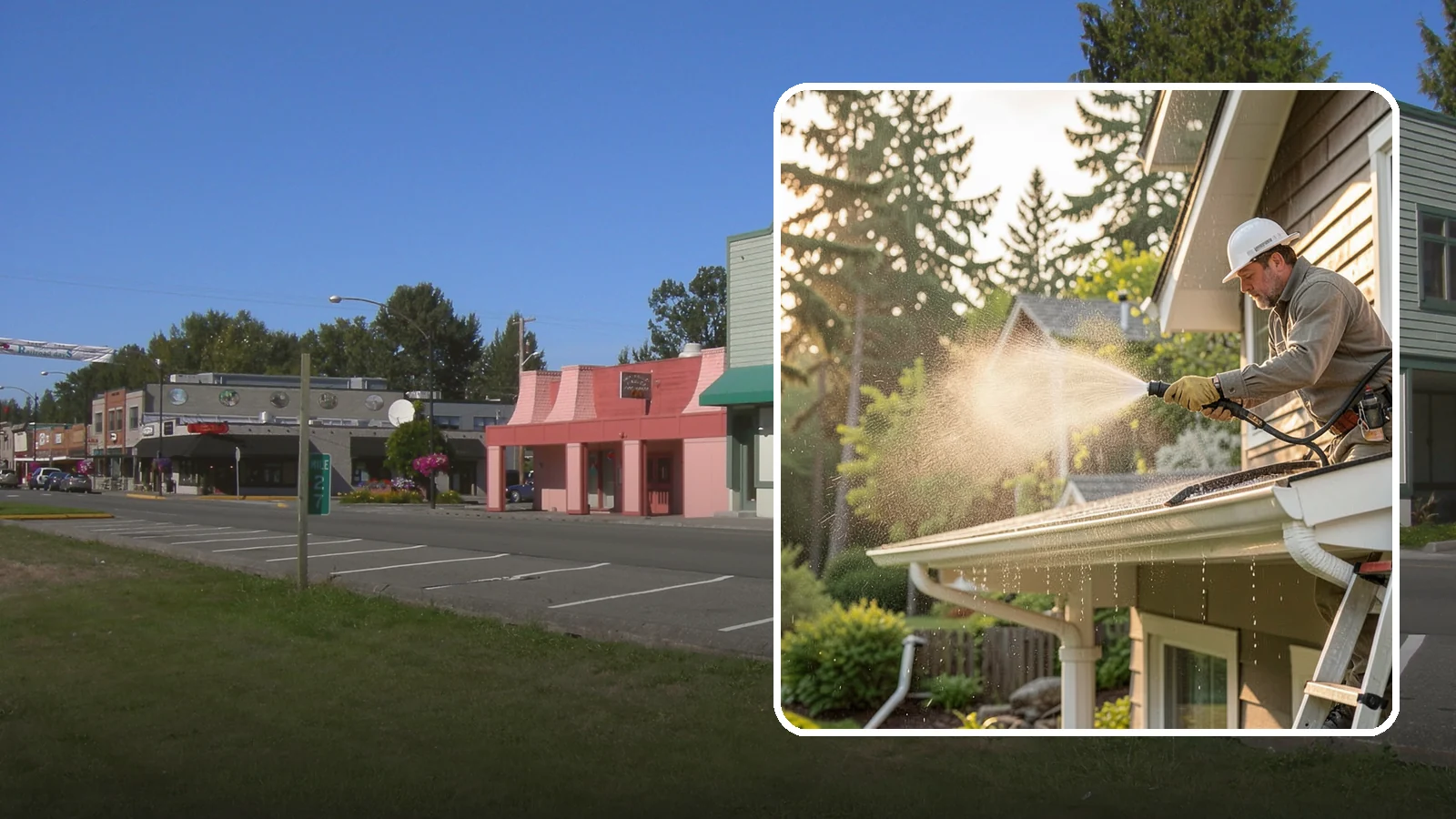 Gutter Streak Removal in Snoqualmie, King County, WA - Removal of the dark tiger stripes that streak down gutter faces from years of Northwest rain runoff.