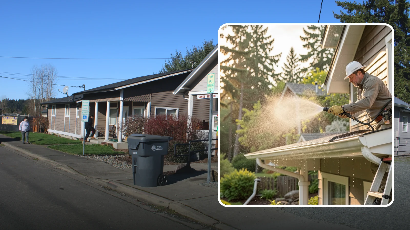 Gutter Streak Removal in South Prairie, Pierce County, WA - Removal of the dark tiger stripes that streak down gutter faces from years of Northwest rain runoff.