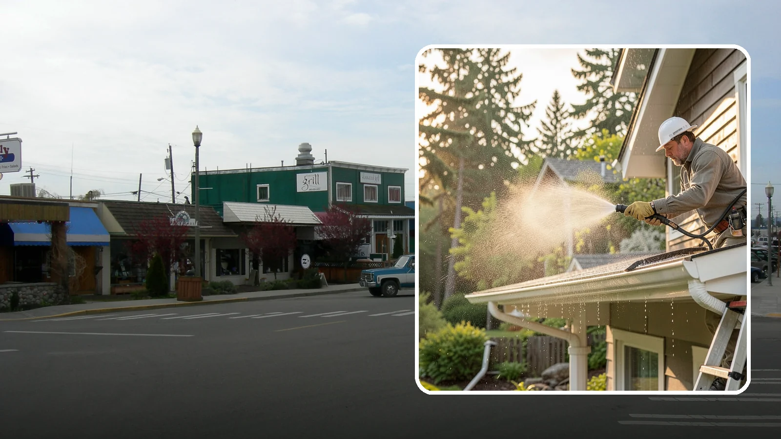 Gutter Streak Removal in Stanwood, Snohomish County, WA - Removal of the dark tiger stripes that streak down gutter faces from years of Northwest rain runoff.