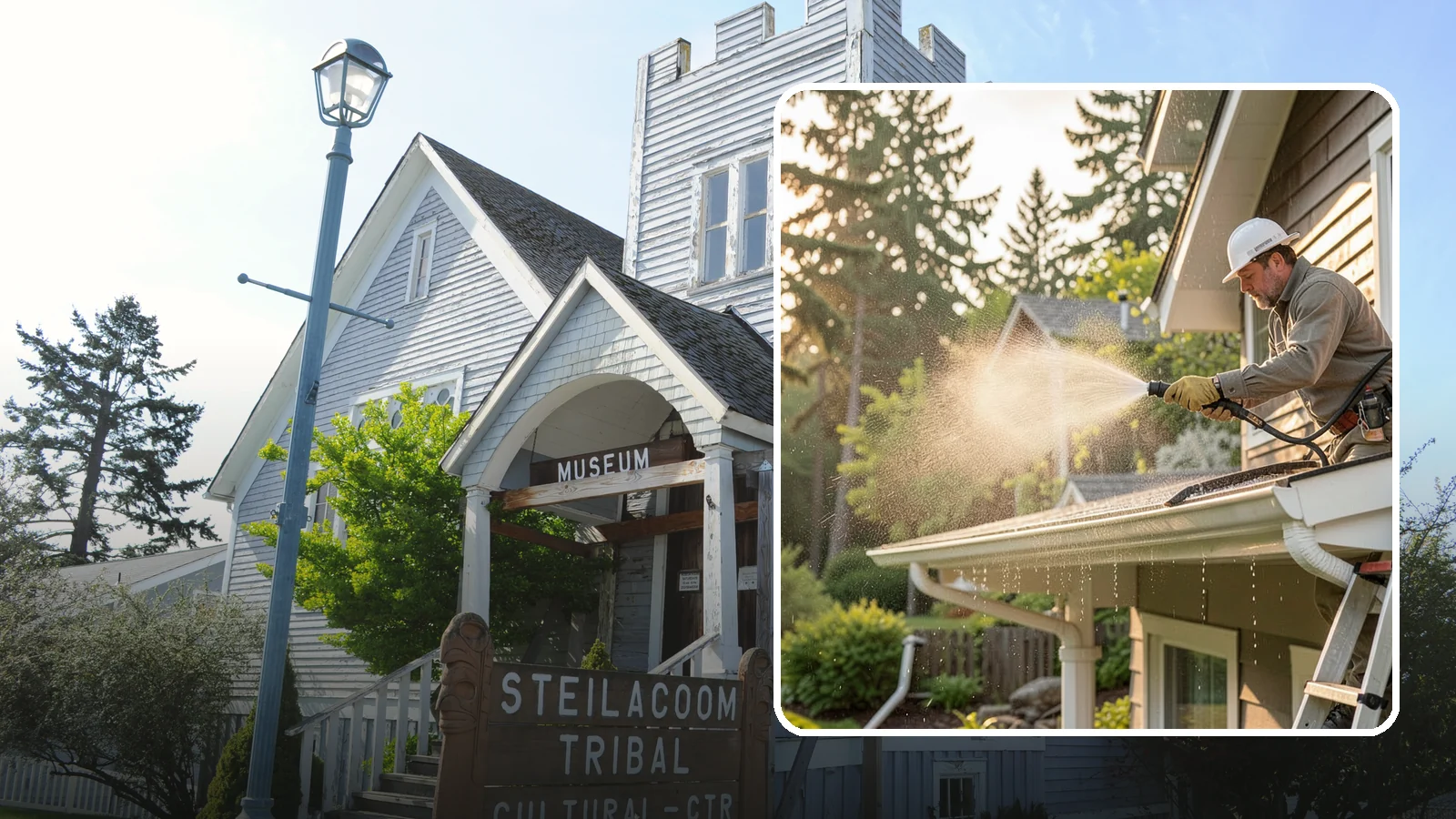 Gutter Streak Removal in Steilacoom, Pierce County, WA - Removal of the dark tiger stripes that streak down gutter faces from years of Northwest rain runoff.