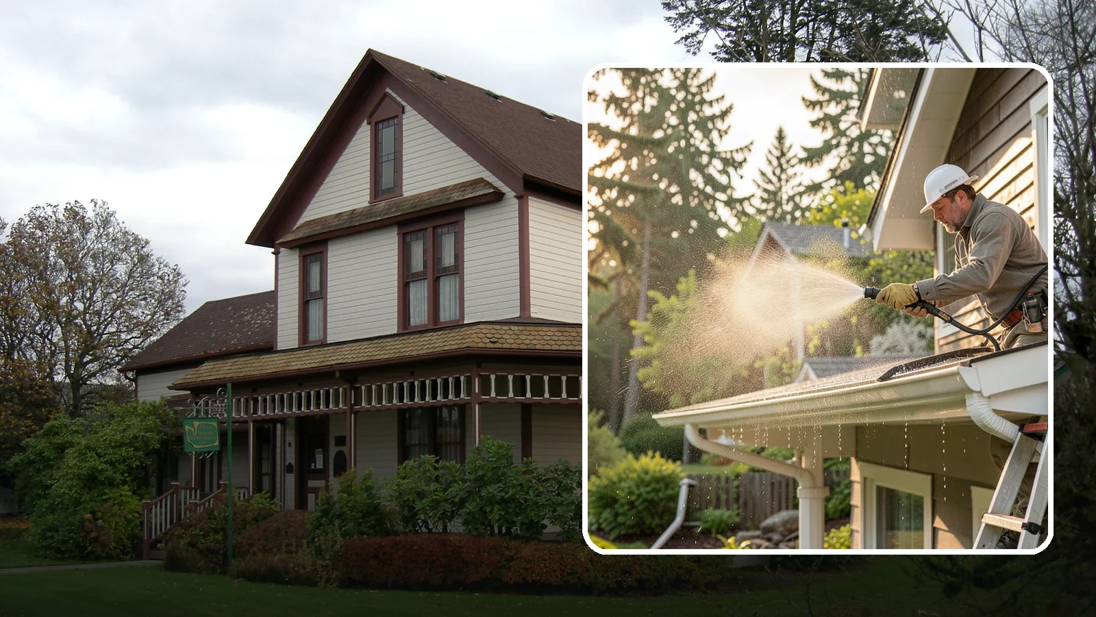 Gutter Streak Removal in Sumner, Pierce County, WA - Removal of the dark tiger stripes that streak down gutter faces from years of Northwest rain runoff.