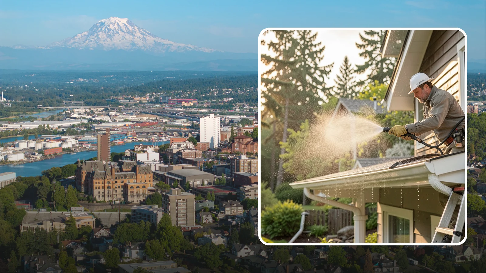 Gutter Streak Removal in Tacoma, Pierce County, WA - Removal of the dark tiger stripes that streak down gutter faces from years of Northwest rain runoff.