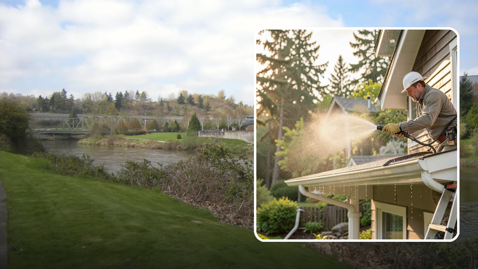 Gutter Streak Removal in Tukwila, King County, WA - Removal of the dark tiger stripes that streak down gutter faces from years of Northwest rain runoff.