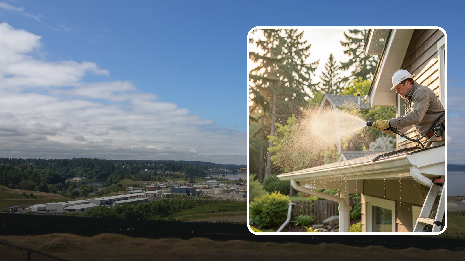 Gutter Streak Removal in University Place, Pierce County, WA - Removal of the dark tiger stripes that streak down gutter faces from years of Northwest rain runoff.