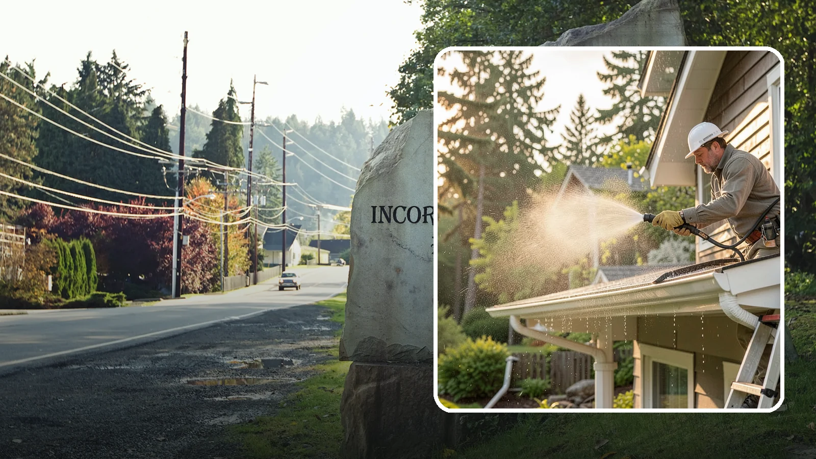 Gutter Streak Removal in Wilkeson, Pierce County, WA - Removal of the dark tiger stripes that streak down gutter faces from years of Northwest rain runoff.