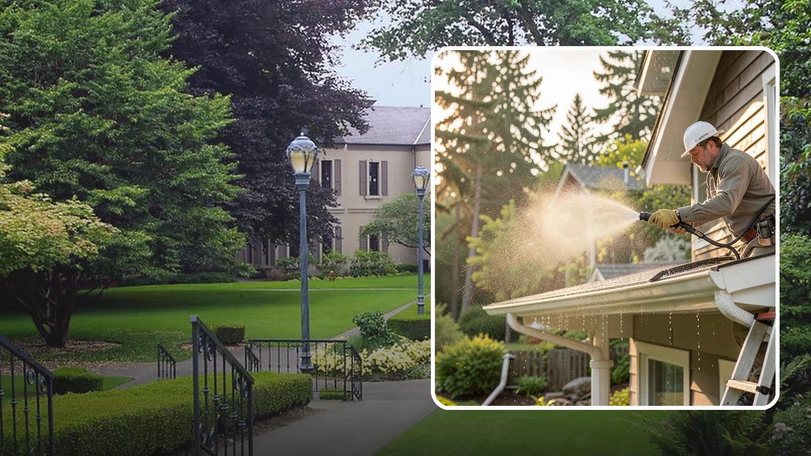 Gutter Streak Removal in Woodinville, King County, WA - Removal of the dark tiger stripes that streak down gutter faces from years of Northwest rain runoff.