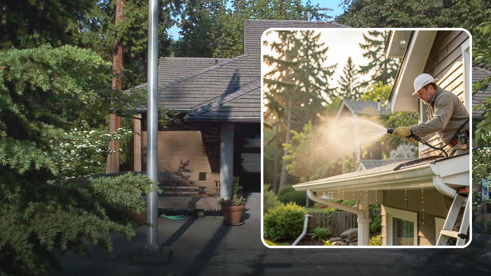 Gutter Streak Removal in Yarrow Point, King County, WA - Removal of the dark tiger stripes that streak down gutter faces from years of Northwest rain runoff.
