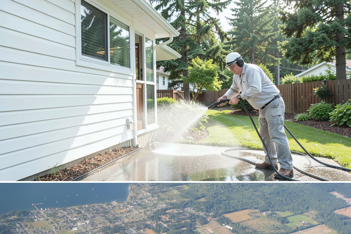 Hardwood Deck Cleaning in Coupeville, Island County, WA - Clean hardwood decks in dry summer weather so the dense boards fully dry before oiling.