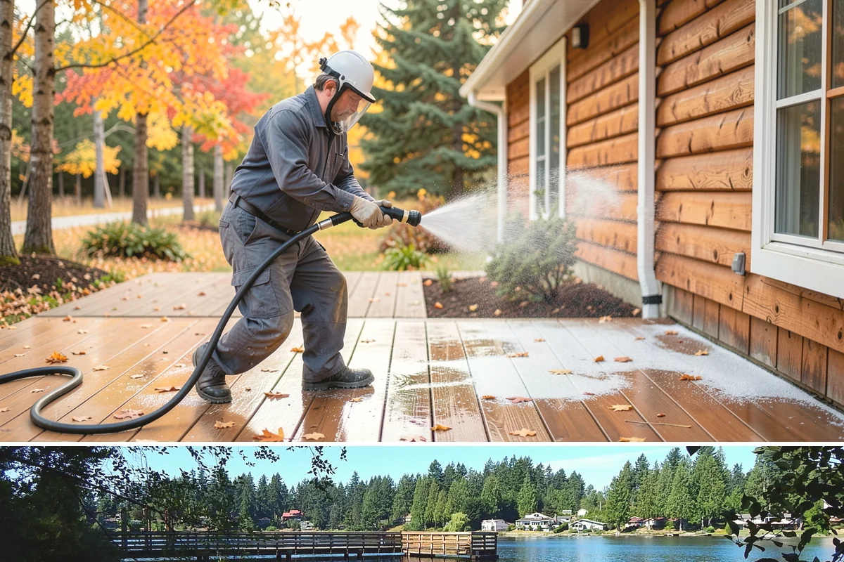 Hardwood Deck Cleaning in Federal Way, King County, WA - Clean hardwood decks in dry summer weather so the dense boards fully dry before oiling.