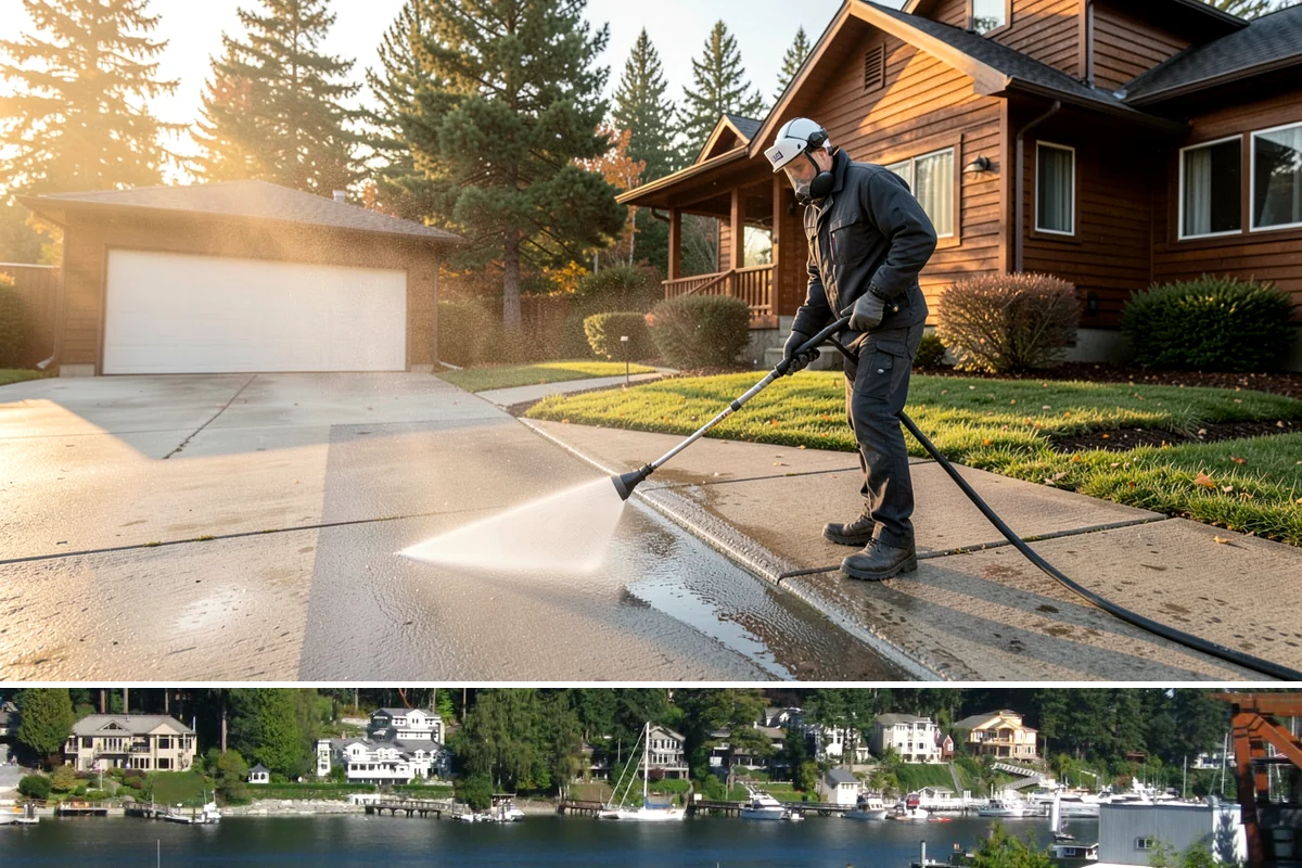 Hardwood Deck Cleaning in Gig Harbor, Pierce County, WA - Clean hardwood decks in dry summer weather so the dense boards fully dry before oiling.