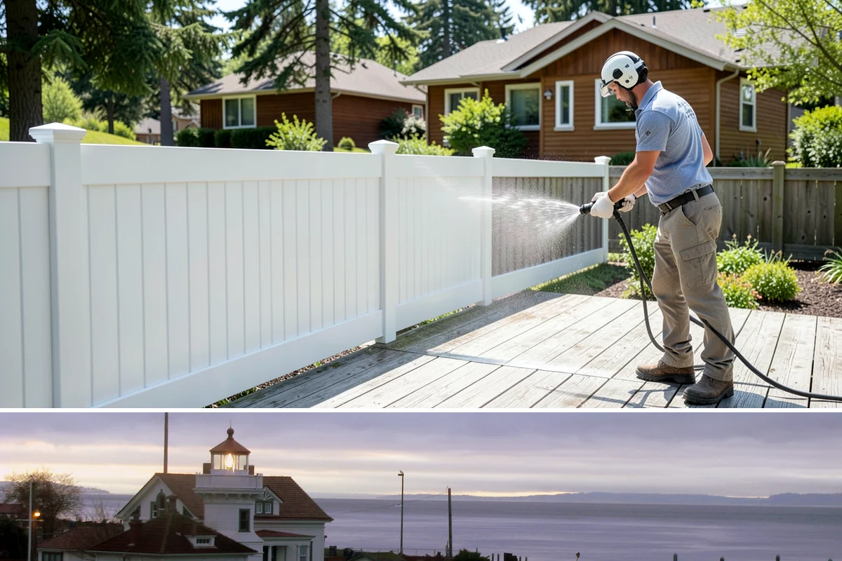 Hardwood Deck Cleaning in Mukilteo, Snohomish County, WA - Clean hardwood decks in dry summer weather so the dense boards fully dry before oiling.