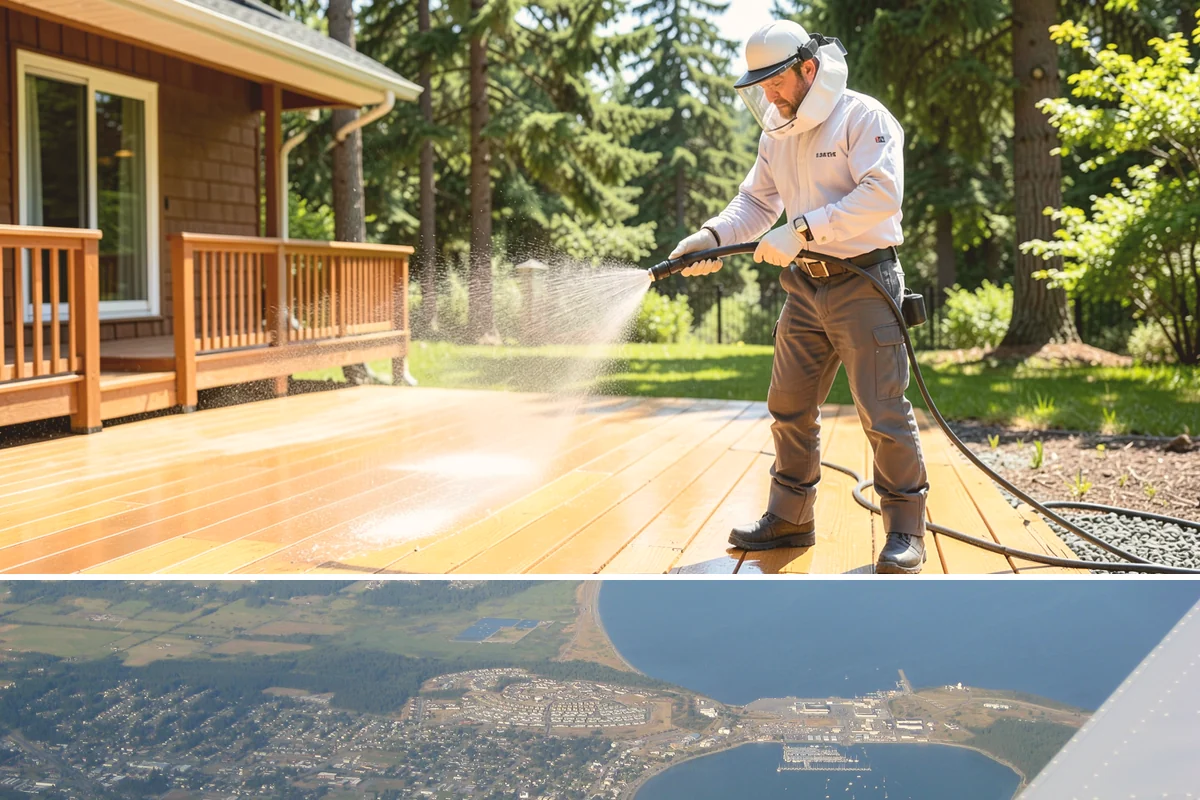 Hardwood Deck Cleaning in Oak Harbor, Island County, WA - Clean hardwood decks in dry summer weather so the dense boards fully dry before oiling.