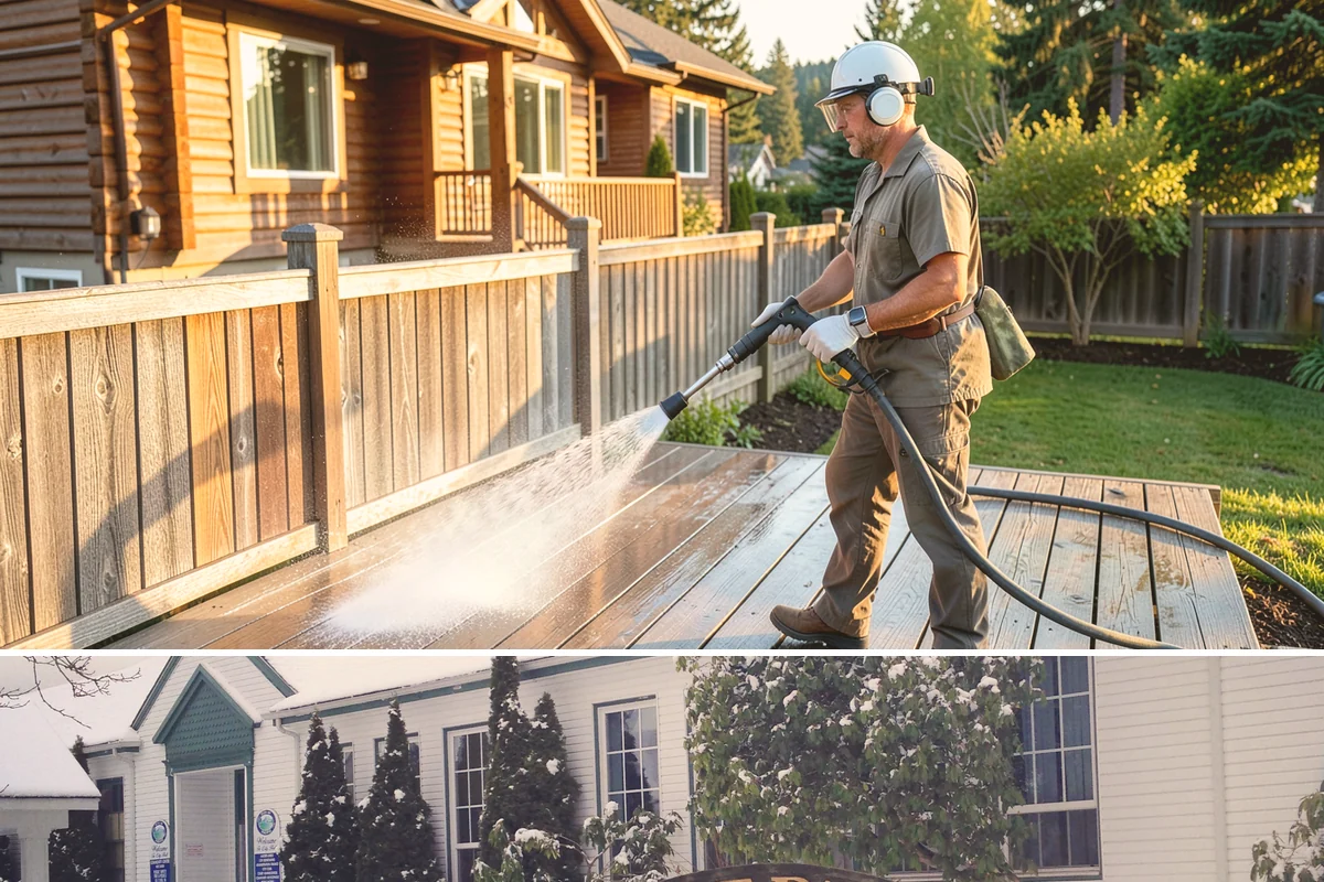 Hardwood Deck Cleaning in Pacific, King County, WA - Clean hardwood decks in dry summer weather so the dense boards fully dry before oiling.