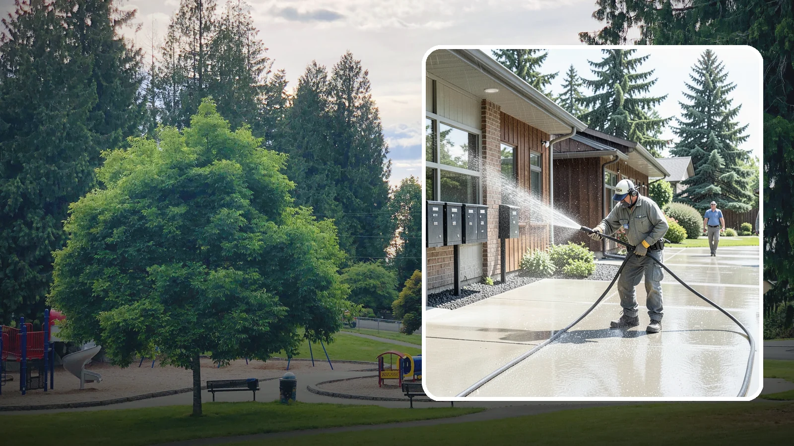 HOA Pressure Washing in Bonney Lake, Pierce County, WA - We help Washington homeowner associations maintain clean shared sidewalks, mailboxes, and community structures on a predictable...