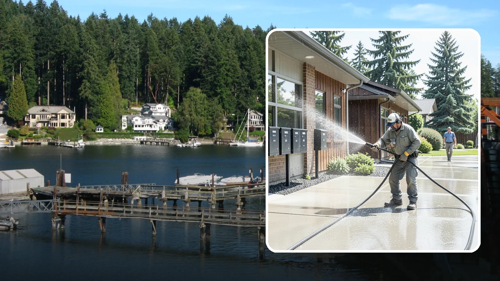 HOA Pressure Washing in Gig Harbor, Pierce County, WA - We help Washington homeowner associations maintain clean shared sidewalks, mailboxes, and community structures on a predictable...