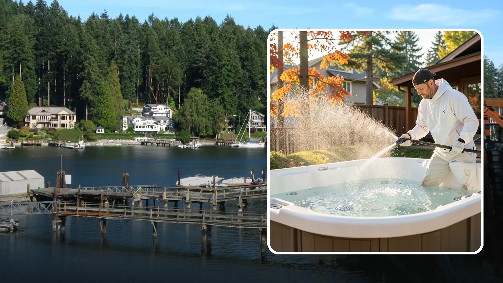 Hot Tub Cleaning in Gig Harbor, Pierce County, WA - We clean hot tub shells, covers, and cabinets so your spa stays inviting instead of growing a waterline of grime and mold.