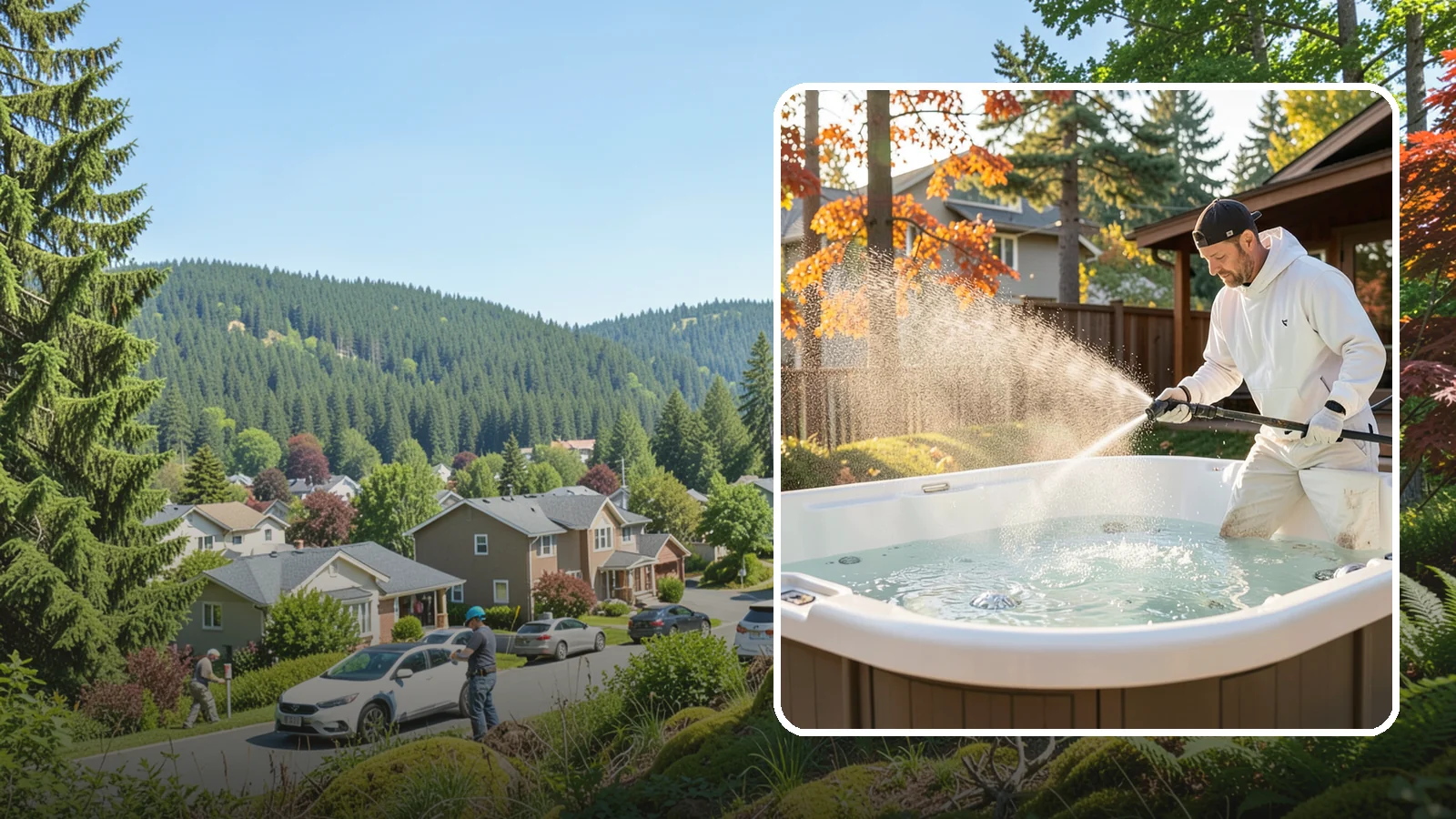 Hot Tub Cleaning in Index, Snohomish County, WA - We clean hot tub shells, covers, and cabinets so your spa stays inviting instead of growing a waterline of grime and mold.