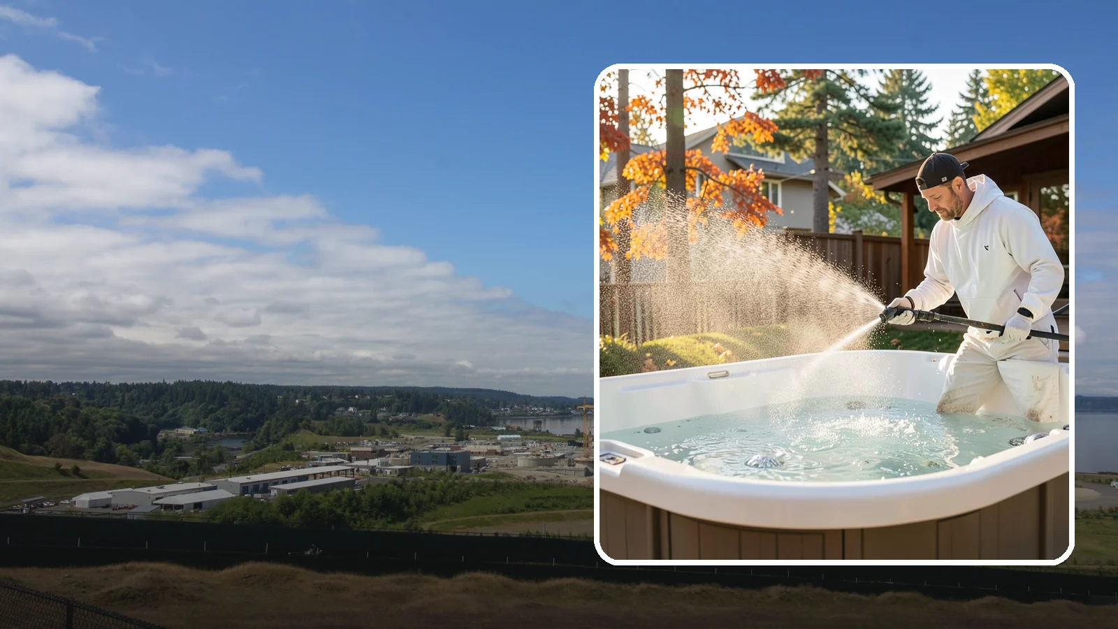 Hot Tub Cleaning in University Place, Pierce County, WA - We clean hot tub shells, covers, and cabinets so your spa stays inviting instead of growing a waterline of grime and mold.