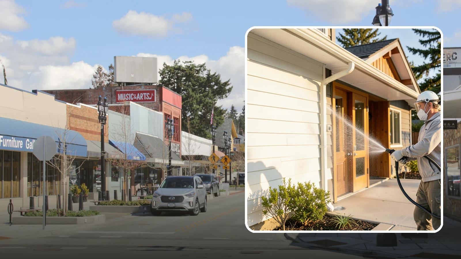 Hotel Exterior Cleaning in Bothell, King County, WA - Full-service exterior cleaning for hotels and lodging that revives entrances, walkways, pool decks, and facades guests judge on...