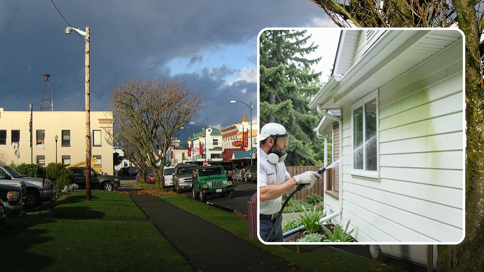 House Algae Removal in Arlington, Snohomish County, WA - House algae removal strips the green film that coats siding on the shaded, rain-fed walls so common across the Northwest.