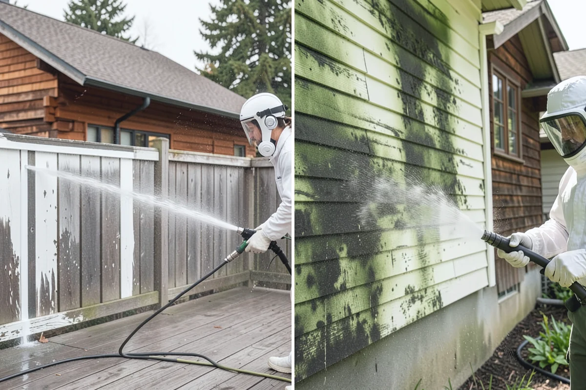 House Algae Removal in Beaux Arts Village, King County, WA - Identify the walls with the heaviest green coating