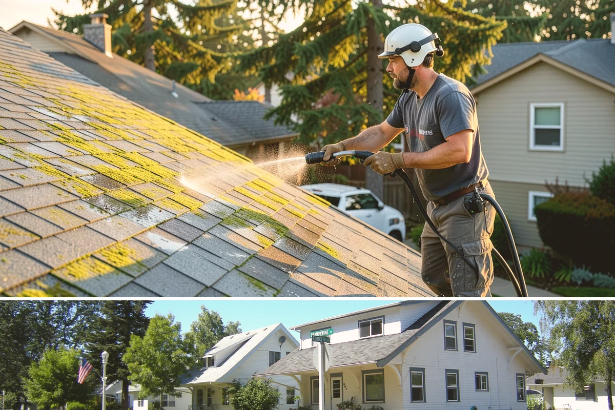 House Algae Removal in DuPont, Pierce County, WA - Late spring through early fall gives the dry conditions the treatment needs to work before rain feeds new algae.