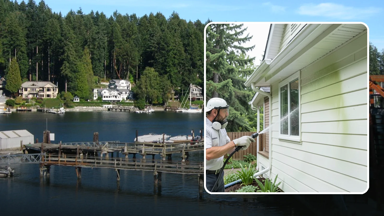 House Algae Removal in Gig Harbor, Pierce County, WA - House algae removal strips the green film that coats siding on the shaded, rain-fed walls so common across the Northwest.