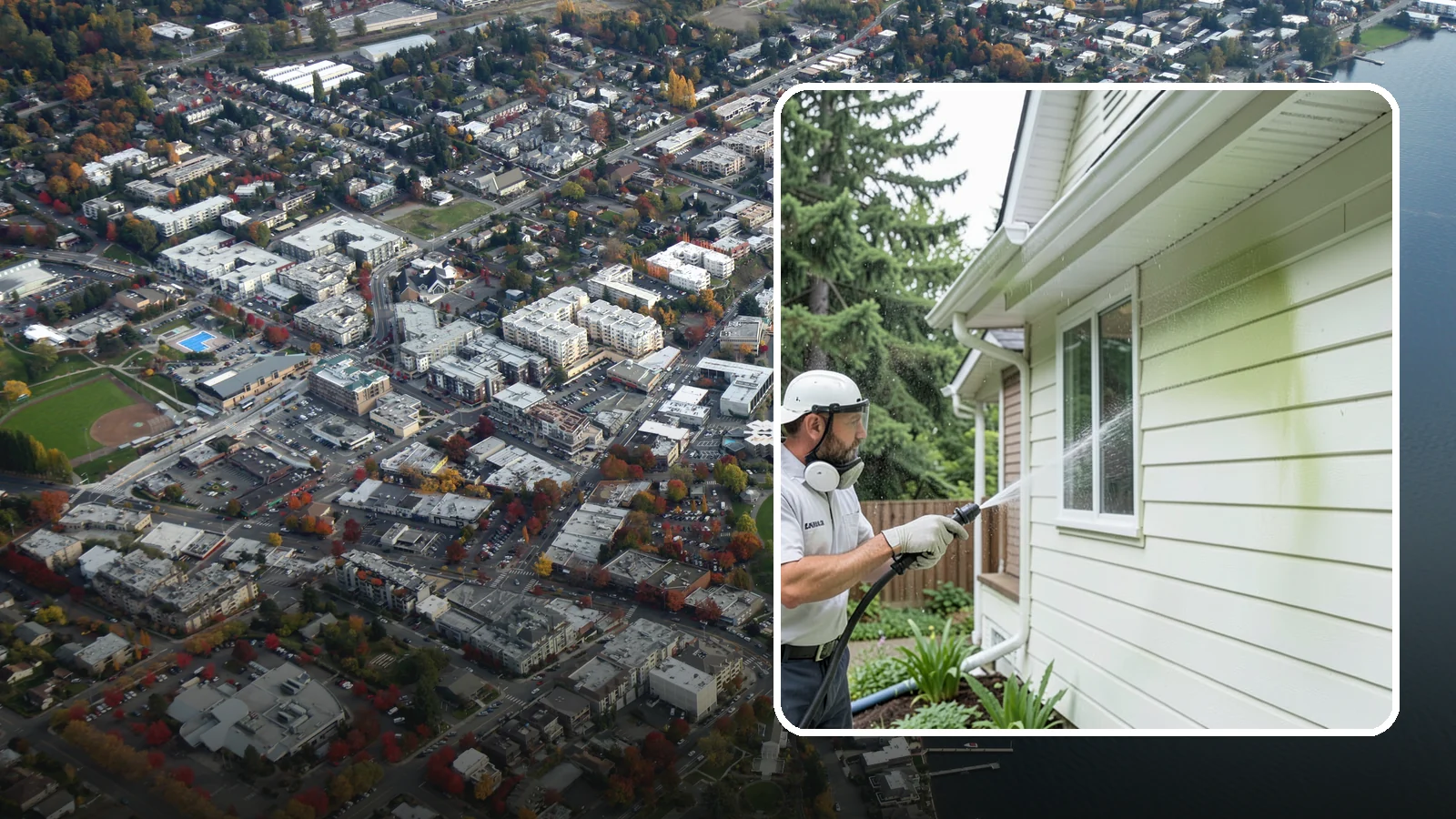 House Algae Removal in Kirkland, King County, WA - House algae removal strips the green film that coats siding on the shaded, rain-fed walls so common across the Northwest.