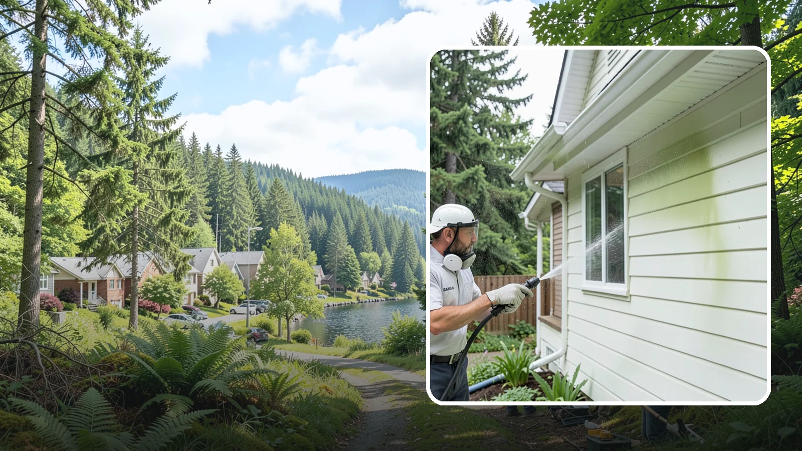 House Algae Removal in Lake Forest Park, King County, WA - House algae removal strips the green film that coats siding on the shaded, rain-fed walls so common across the Northwest.