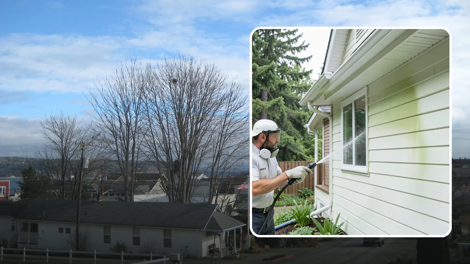 House Algae Removal in Langley, Island County, WA - House algae removal strips the green film that coats siding on the shaded, rain-fed walls so common across the Northwest.