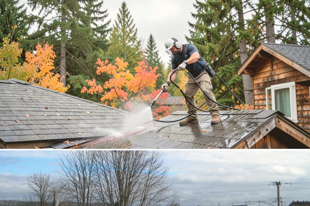 House Algae Removal in Langley, Island County, WA - Late spring through early fall gives the dry conditions the treatment needs to work before rain feeds new algae.