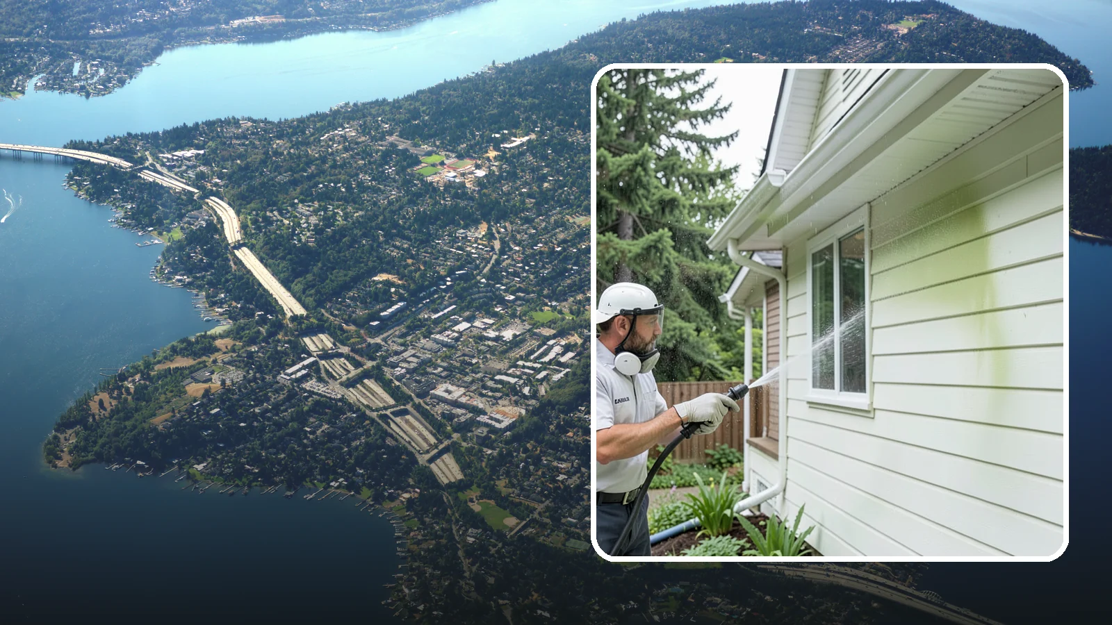 House Algae Removal in Mercer Island, King County, WA - House algae removal strips the green film that coats siding on the shaded, rain-fed walls so common across the Northwest.