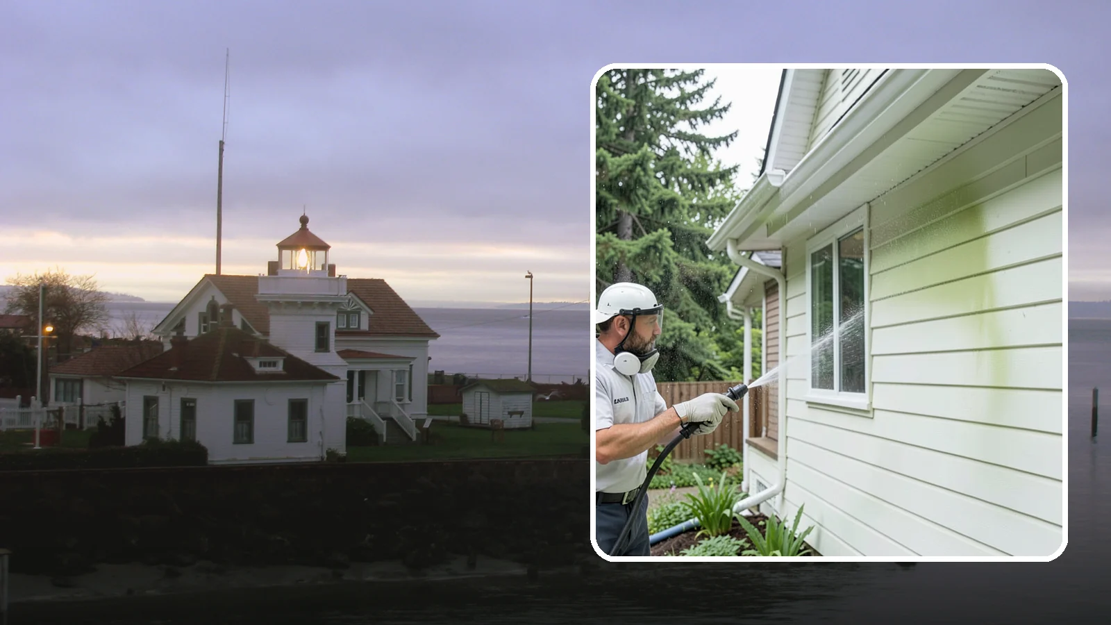 House Algae Removal in Mukilteo, Snohomish County, WA - House algae removal strips the green film that coats siding on the shaded, rain-fed walls so common across the Northwest.