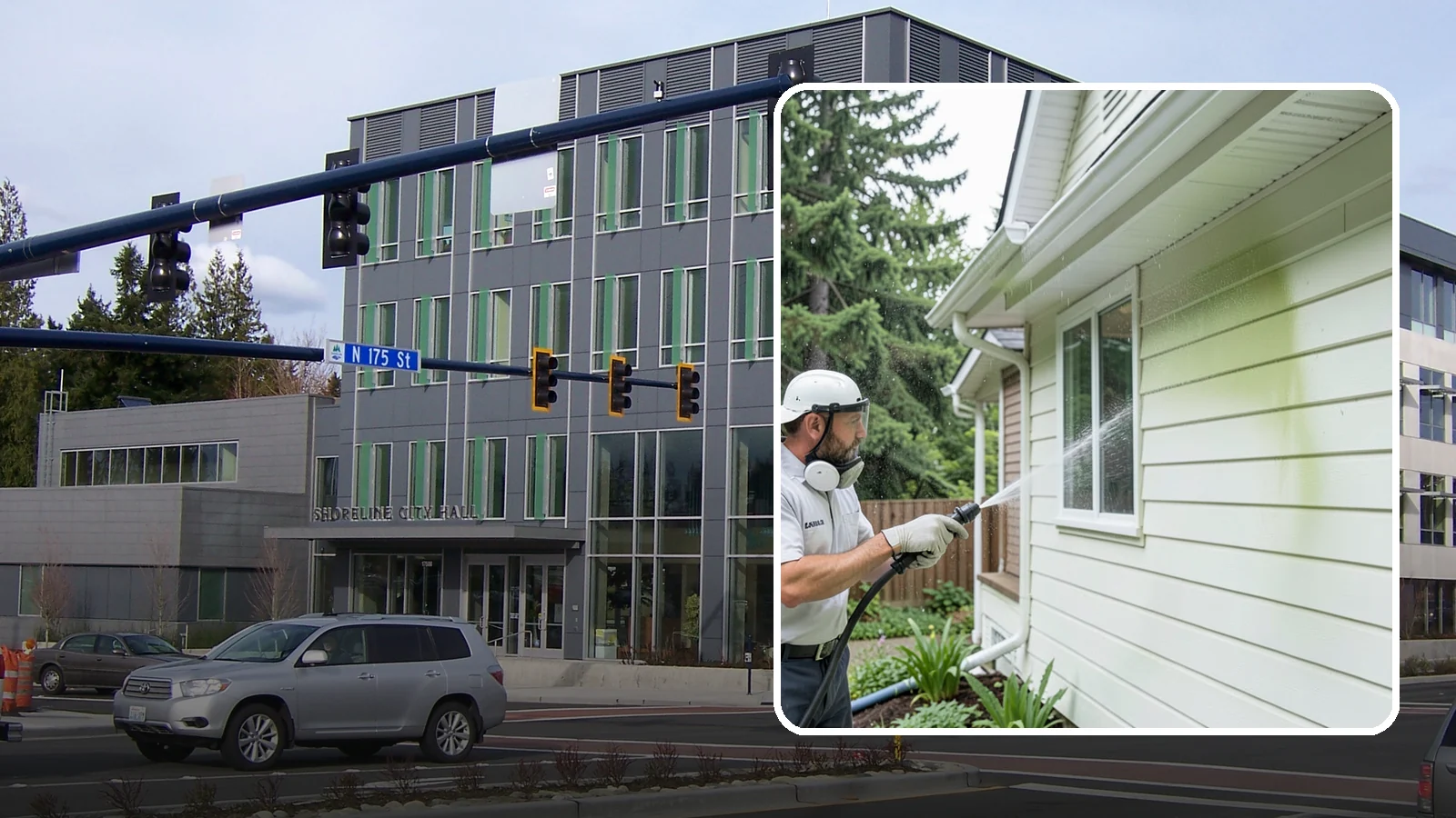 House Algae Removal in Shoreline, King County, WA - House algae removal strips the green film that coats siding on the shaded, rain-fed walls so common across the Northwest.