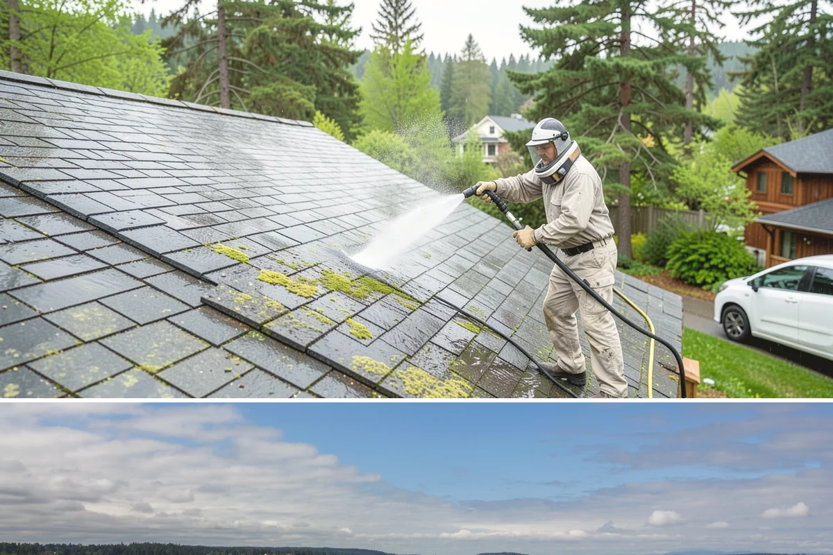 House Algae Removal in University Place, Pierce County, WA - Late spring through early fall gives the dry conditions the treatment needs to work before rain feeds new algae.