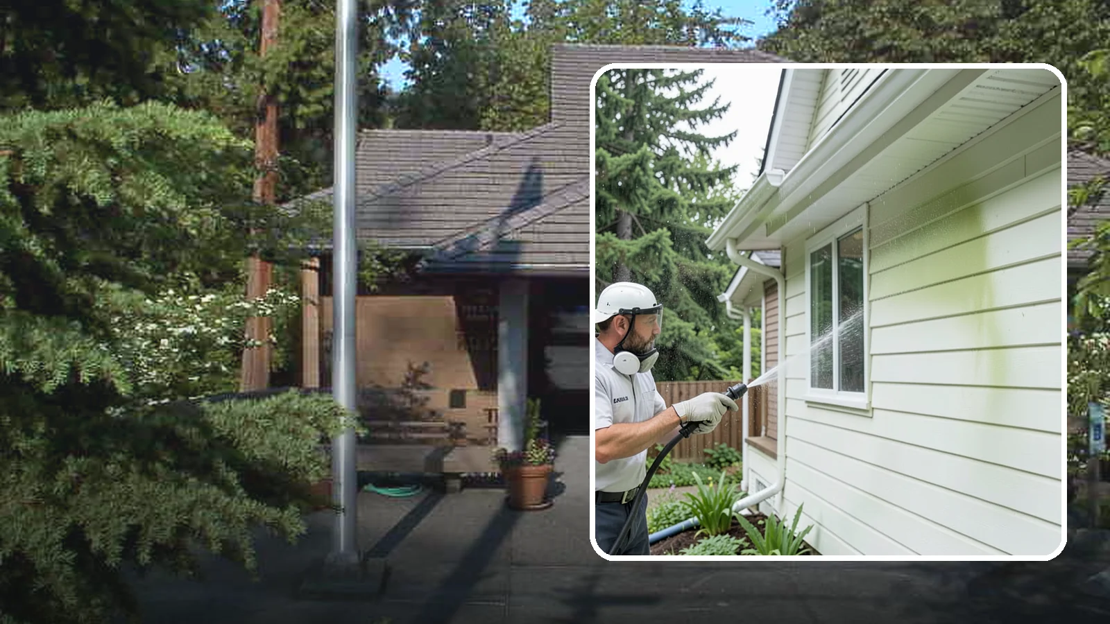 House Algae Removal in Yarrow Point, King County, WA - House algae removal strips the green film that coats siding on the shaded, rain-fed walls so common across the Northwest.