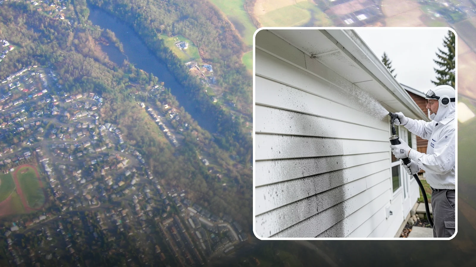 House Mildew Removal in Algona, King County, WA - House mildew removal eliminates the fuzzy gray and black mildew that our humid, shaded climate spreads across siding and trim.