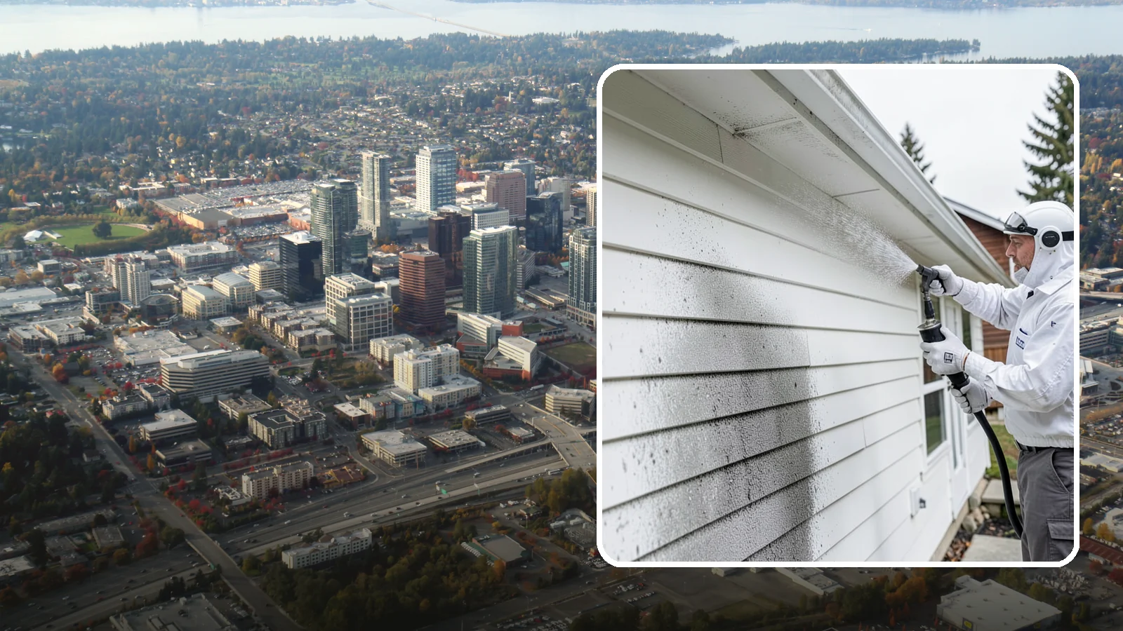 House Mildew Removal in Bellevue, King County, WA - House mildew removal eliminates the fuzzy gray and black mildew that our humid, shaded climate spreads across siding and trim.