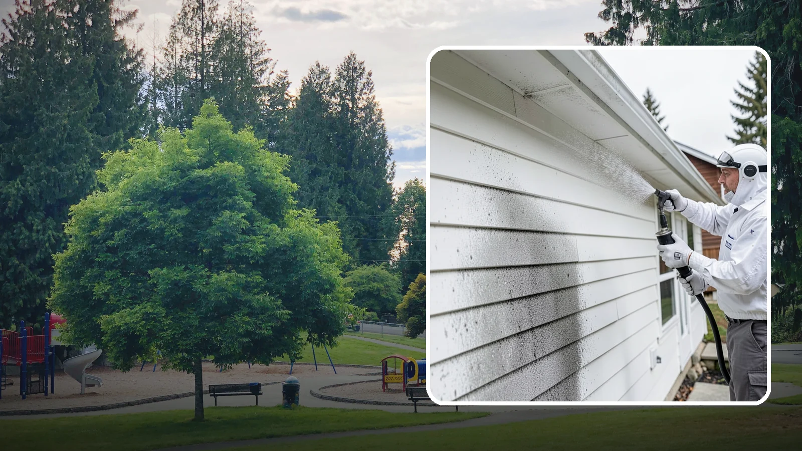 House Mildew Removal in Bonney Lake, Pierce County, WA - House mildew removal eliminates the fuzzy gray and black mildew that our humid, shaded climate spreads across siding and trim.